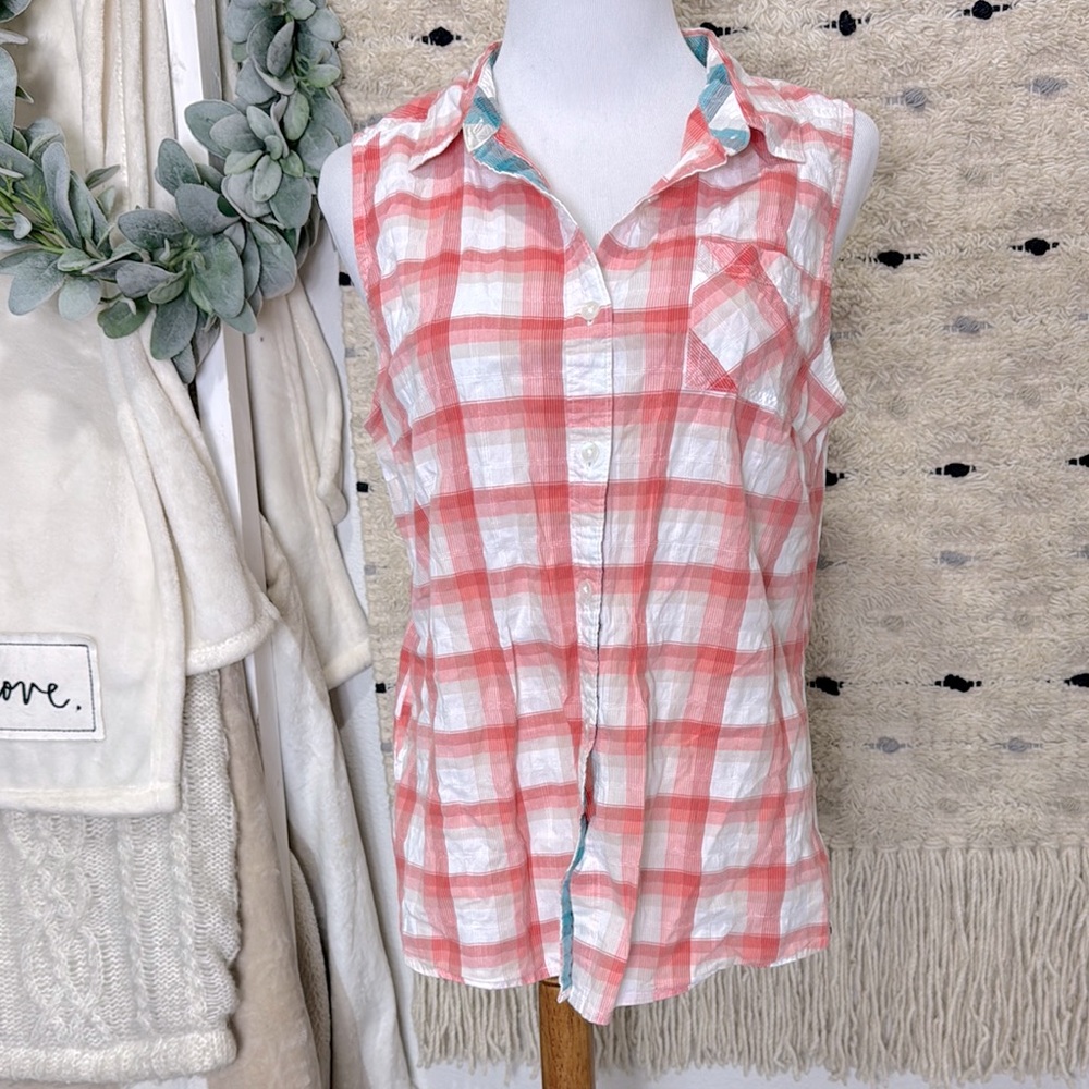 Prana Lexi Koi Coral and White Plaid Shirt button down sleeveless shirt size M